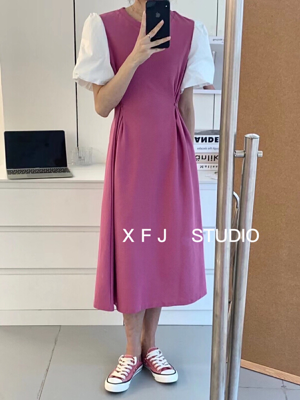[Xiaofan family] Korean minority retro bubble sleeve color matching dress 6165# LSW