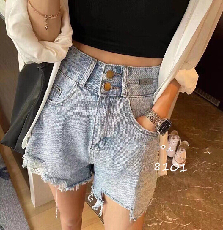 New in early summer! [thousand degrees] burr hole double button high waist fashion denim shorts 8101-1# LSW