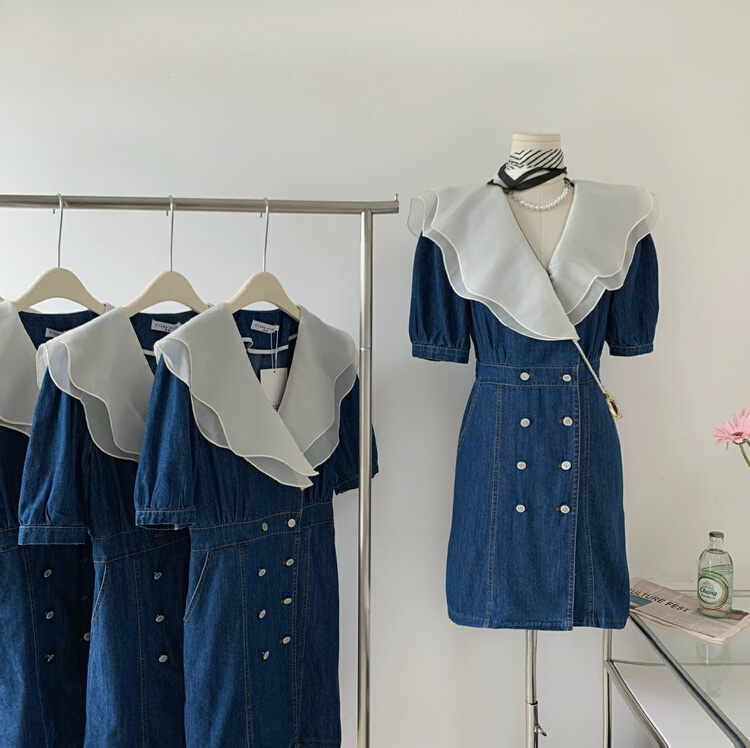 [kakajia] French minority Ruffle stitched double breasted denim waist closing dress 2026# ozq
