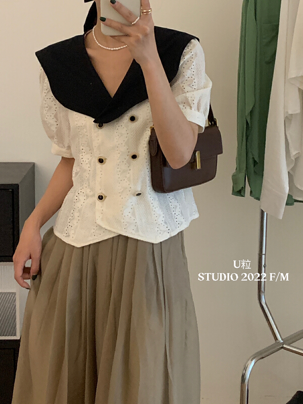 goods in stock! New in early summer! [U grain] Korean fashion color matching double breasted shirt 5307# HBx