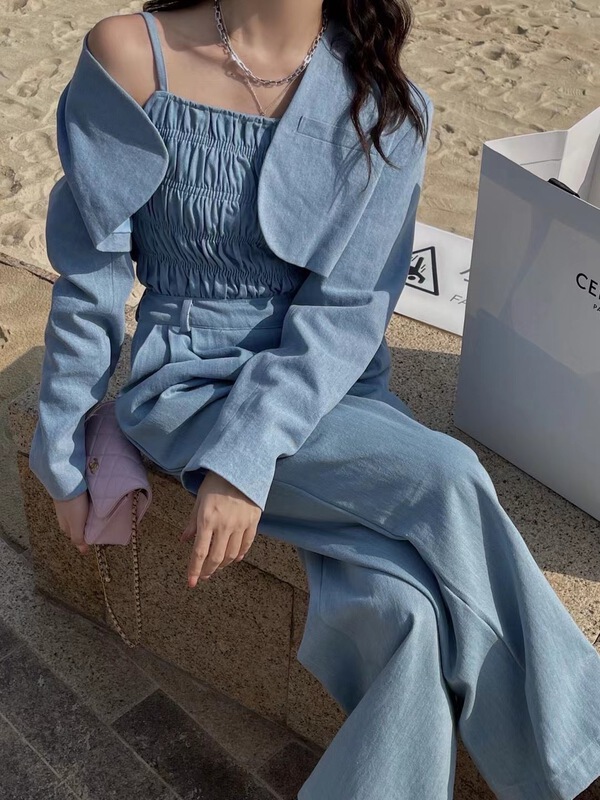 New year in early spring! [u.me] simple cardigan short suit + design sense high waist loose one-piece pants super suit 20001# hjy