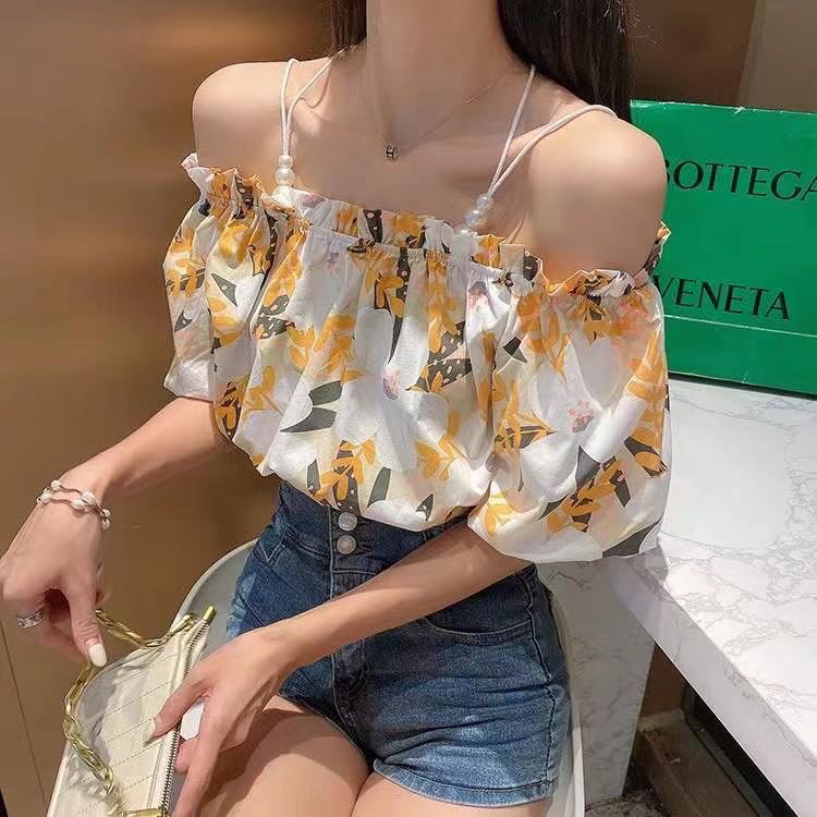 New year in early spring! [Hello] temperament print back cross off shoulder shirt 62788# jhy