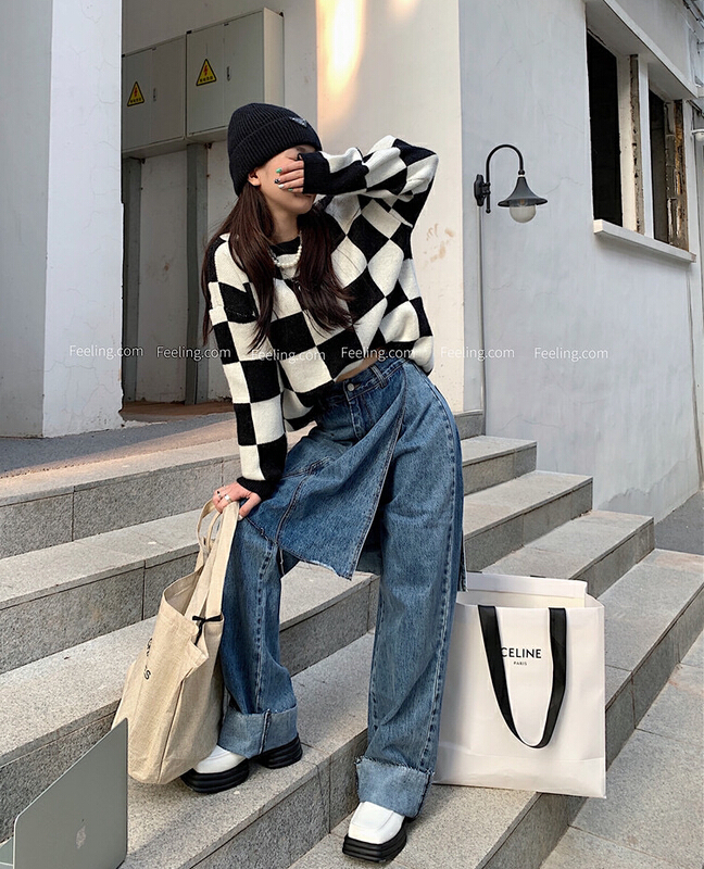 New year in early spring! [timely rain] Han Feng's fake two-piece straight jeans 59338# YYW