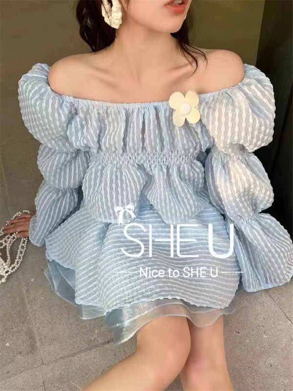New year in early spring! [tangtangtangjia] sexy Off Shoulder Waist blouse + A-line mesh skirt suit (small flowers cannot be removed) 2610# PCZ