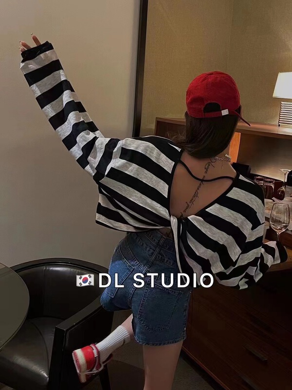 [d.dl] personalized stripe backless short sunscreen shirt 8335# WTT