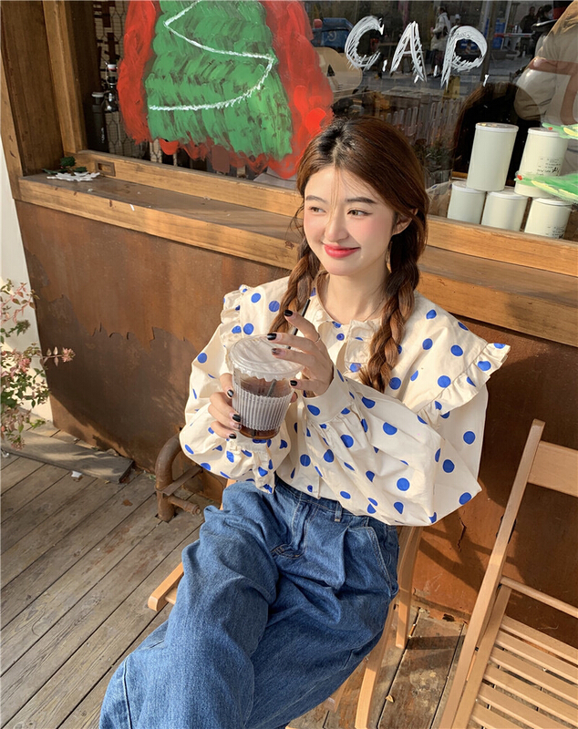 goods in stock! New year in early spring! [timely rain] Han Feng's sweet aging printed wave Dot Shirt 00595# jhy