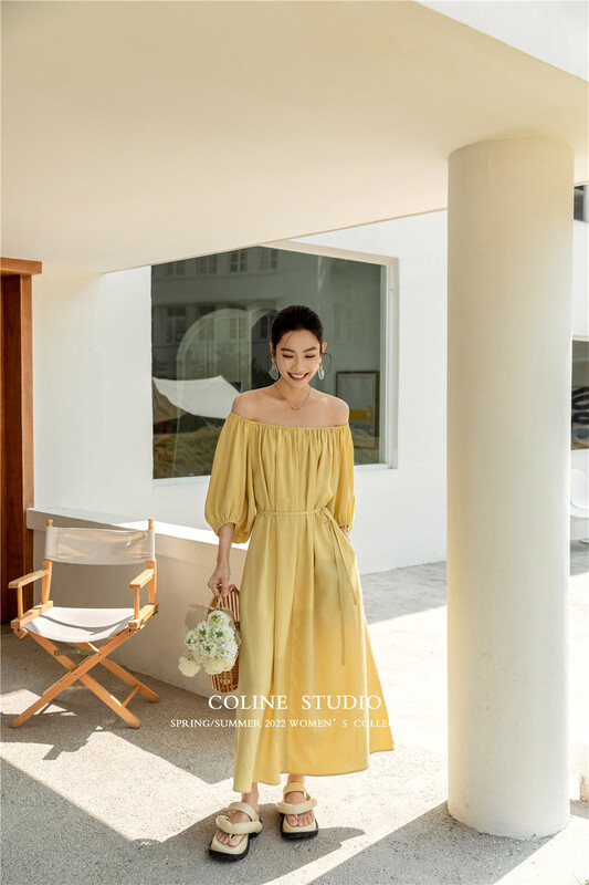 New in early summer! [Coline] fashion retro one shoulder loose dress (with belt) c2116a# hyy