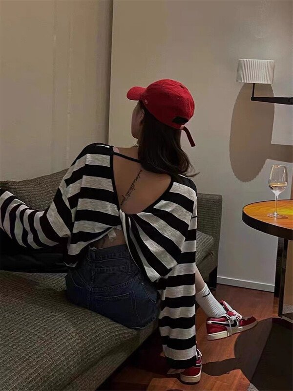 [lucky. Bibi] Korean stripe wide truffle back sunscreen shirt 1010# cqw