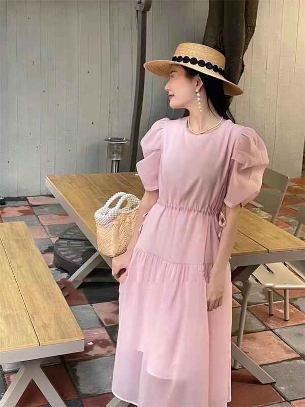 [tab CP] French style waist closing bubble sleeve dress 8081# CSX