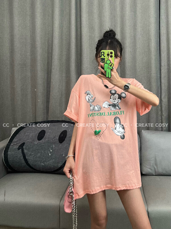 [CC] green love button stitch Mickey printed short sleeve T-shirt (with Brooch) 8229# XYY
