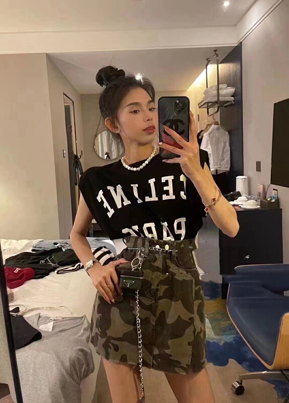 New in early summer! [I do do] letter Print Top + camouflage versatile Skirt Set (with waist bag) 8127# cqw