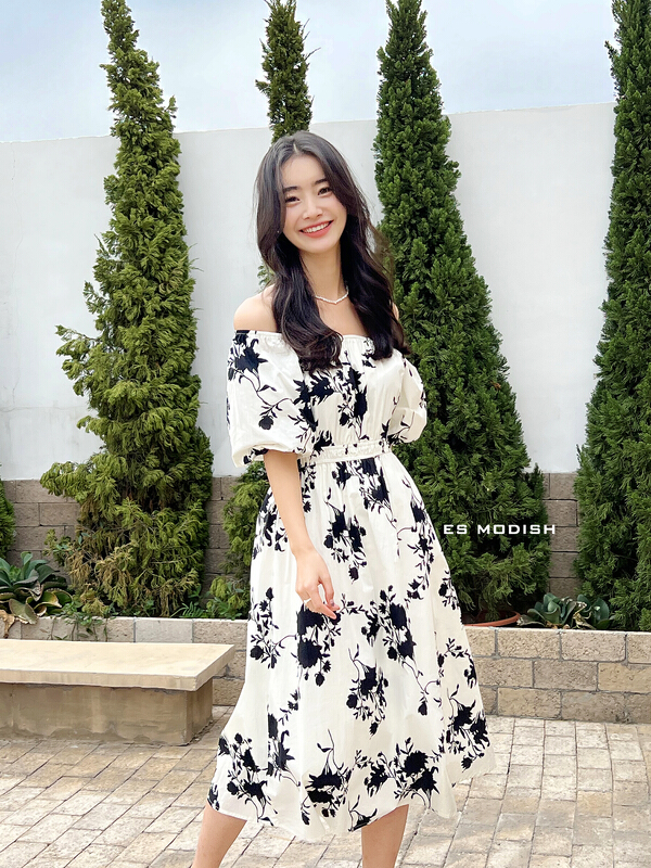 In early summer! [es modish] printed round neck bubble sleeve dress ops1639\xyj