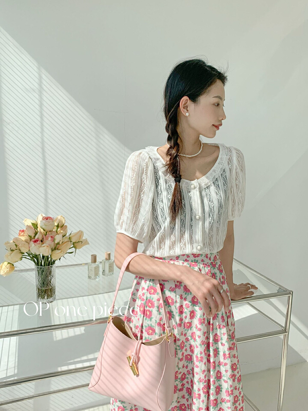 [OP one piece] Korean sweet round neck single breasted short sleeved shirt op60065# hjy