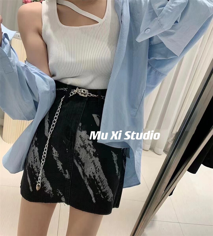 [Muxi] Korean fashion trend contrast color A-shaped Hip Wrap Skirt 8802# WPL