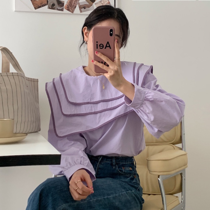 New year in early spring! [timely rain] Vintage three-layer collar versatile Navy collar bonded contrast shirt 57231# YYW