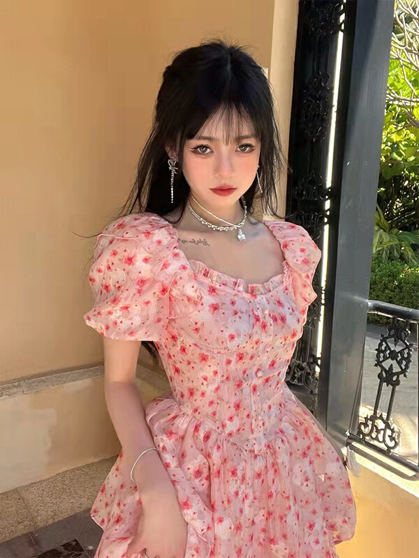 New in early summer! [Xinran] sweet wind broken flower flocking Chiffon temperament dress 2547# PCZ