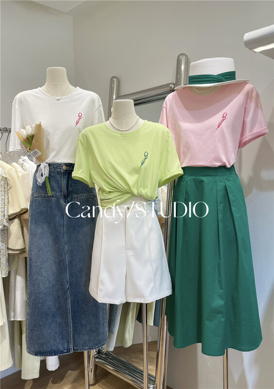 [candy] Korean versatile ins round neck short sleeve T-shirt 8188# zjy