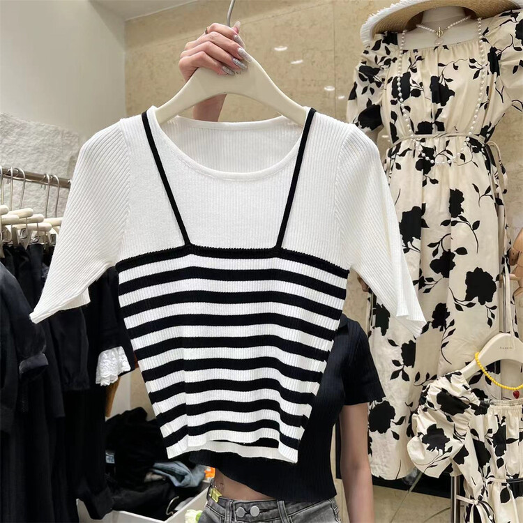 goods in stock! New in early summer! [tinamini] Korean fake two stripe short T-shirt 82114# hjy