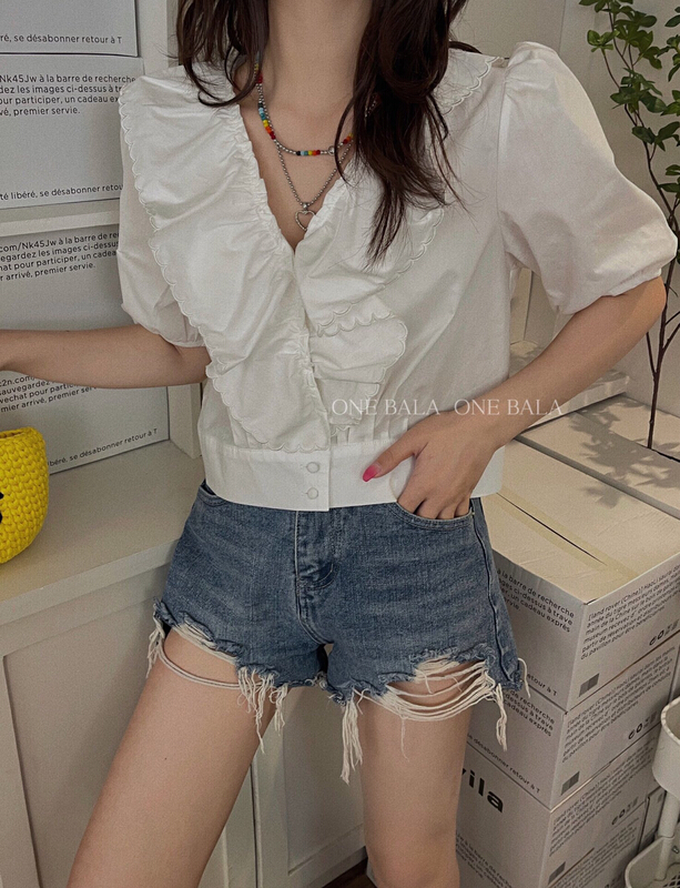 [one Bala] embroidered collar edge versatile fashion blouse 1221# hjy