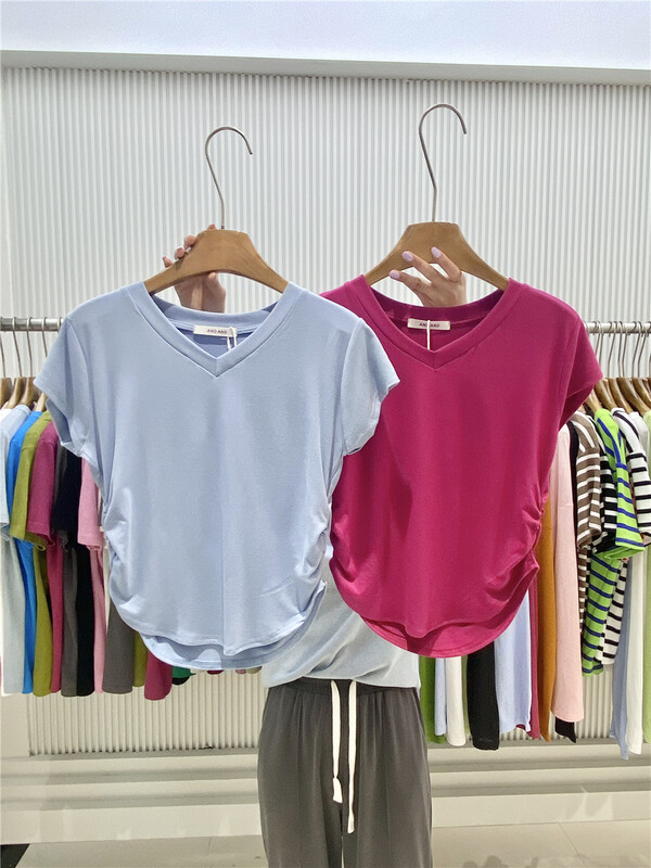 Eight colors! New in early summer! [and] V-neck drawcord short slim fit short sleeve T-shirt 22062# zxx