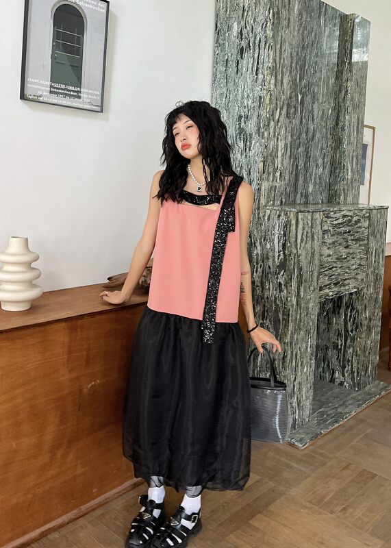 [Dore Dore] plum color black contrast yarn hem Sequin vest dress 1238# ozq