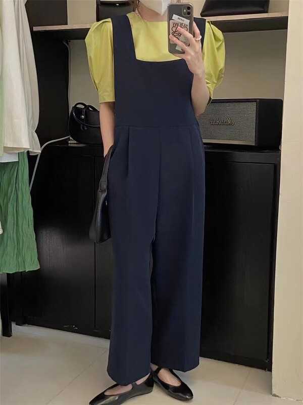 goods in stock! [Duomi] simple bubble sleeve shirt + casual suspender pants two piece suit 2268# zxl