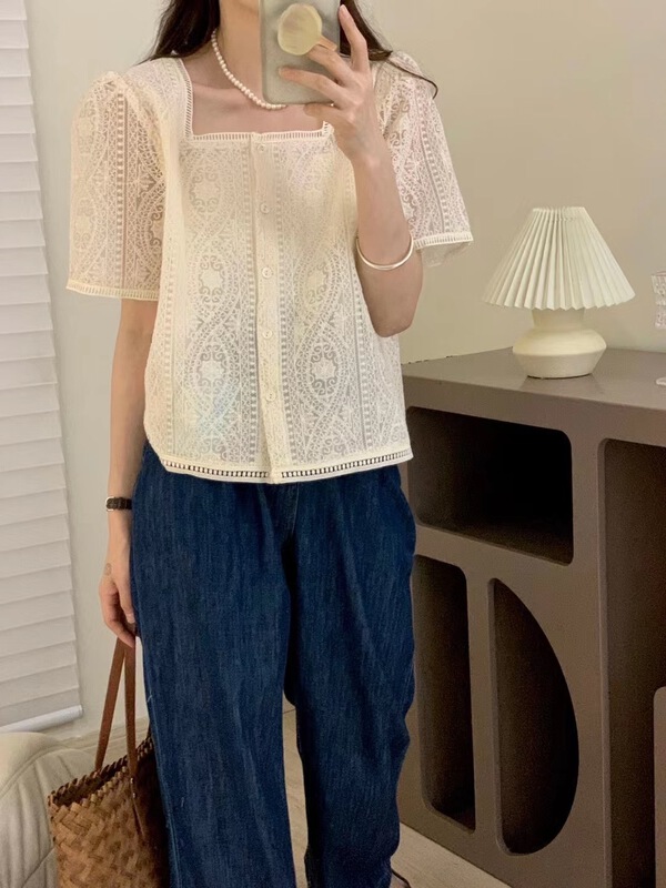[o.lucky] square collar small crowd embroidered single breasted shirt 1833# HBx