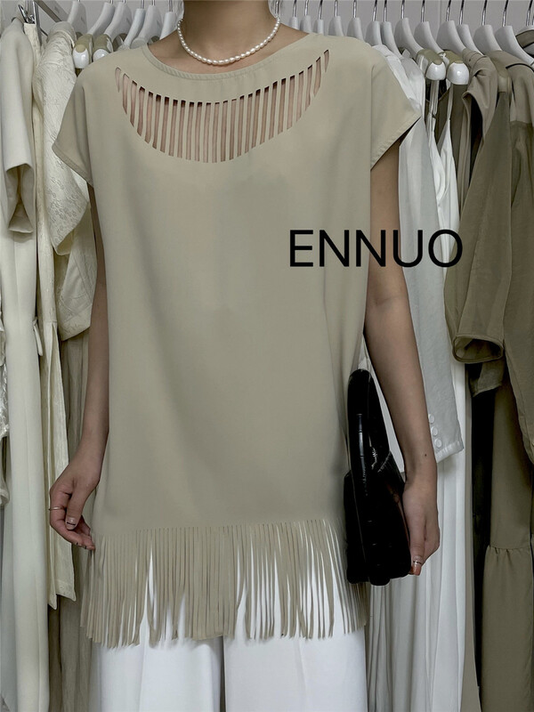 [ennuo] Korean round neck hollowed out tassel vest / sling 1375# L