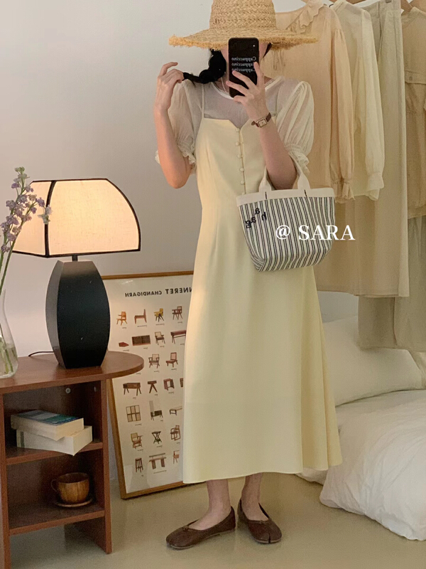 [Sara] Korean simple buckle design suspender dress 90020# lwy