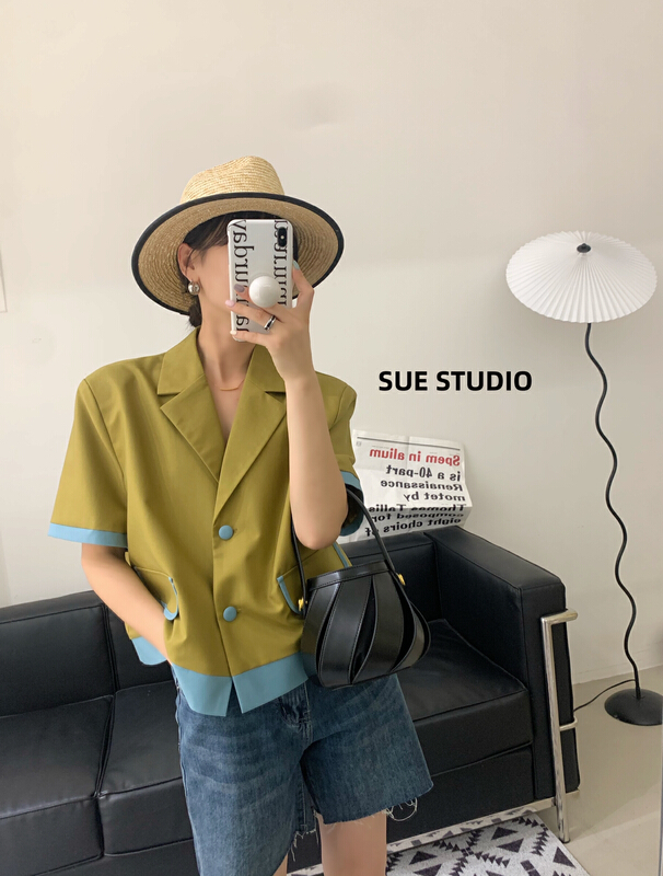 [Sue studio] Korean color blocking versatile short coat 99968# zjy
