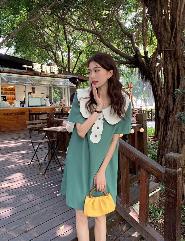 【 bobi 】 Korean color matching lace doll neck design temperament dress 8871# hjy
