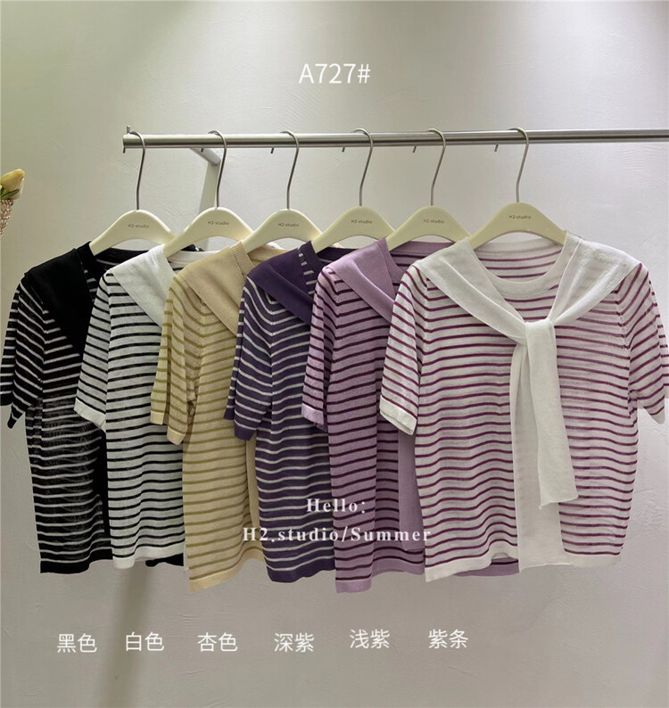 [h2-studio] Korean casual stripe short sleeved sweater a727# HBx