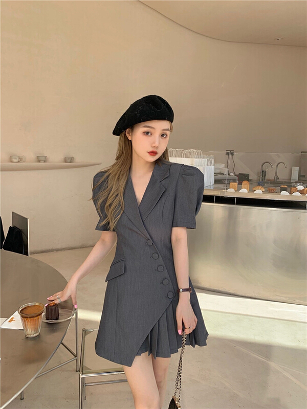 [timely rain] Han Feng ins French style design feeling irregular waist closing to show thin temperament suit dress 0205# WPL