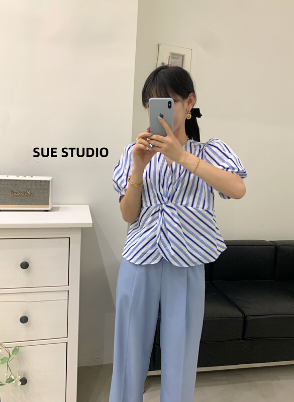 [Sue studio] stripe cross versatile shirt 22289# zjy