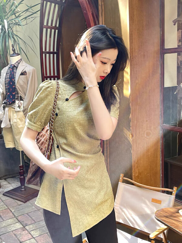 [smile baby] Chinese style national style improved cheongsam design irregular split texture short sleeve shirt b3019# WPL