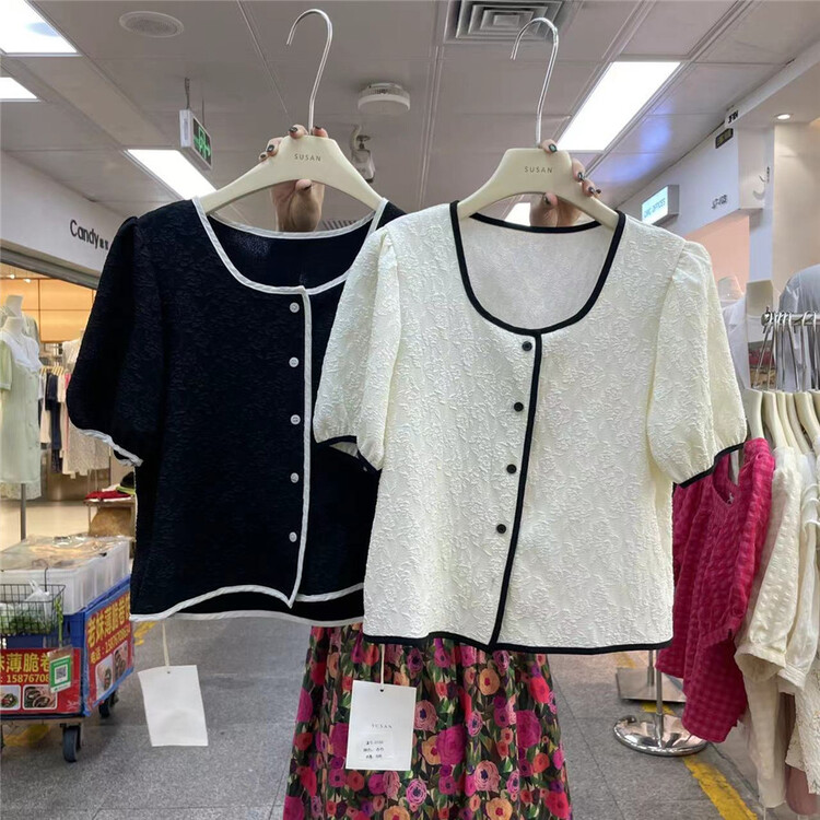 [Susan] square neck contrast color breasted blouse z1153# LSW