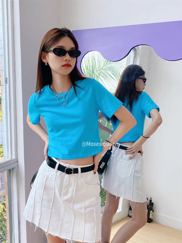 [Moses queen] simple solid color short stretch short sleeve T-shirt 50229# XYY