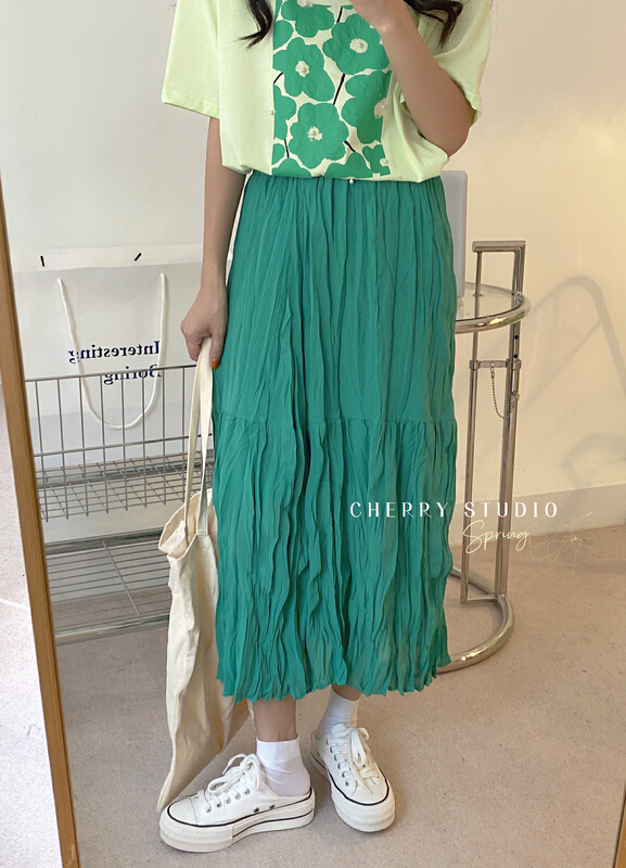 goods in stock! New in early summer! [cherrystudio] pure color pleated slim skirt 5200# HBx