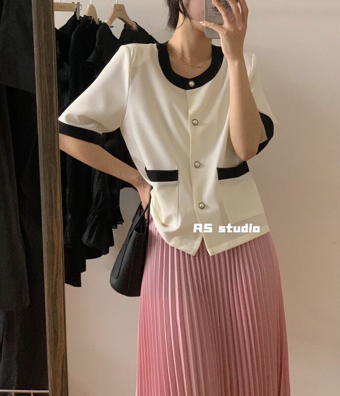 Original price: 77.83! New in early summer! [RS] color blocked round neck single breasted shirt dh2058# XYY