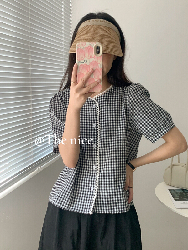 [the nice] round neck lace lace Bubble Sleeve Plaid Shirt (shirts only) a9171# hjy