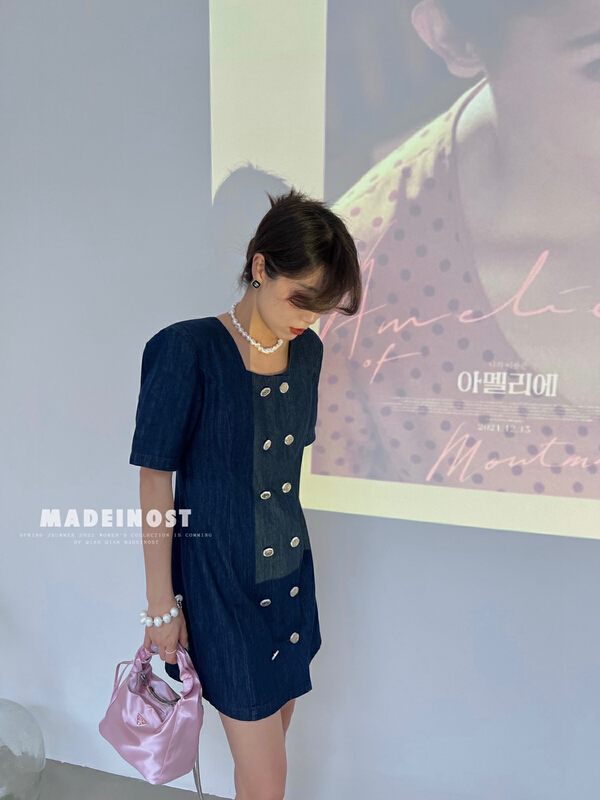 New in early summer! [OSHA madeinost] vintage fashion temperament denim double breasted dress 86257# ll