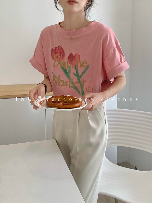 New in early summer! [ing] loose and versatile round neck short sleeve T-shirt 7138# HBx