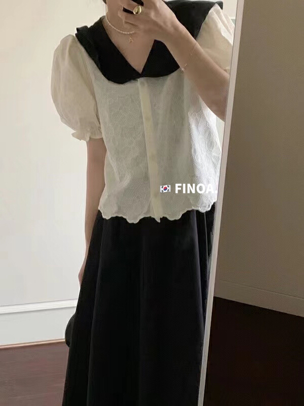 goods in stock! [Olive & Jo] Korean color contrast large lapel button blouse 1061# CLS