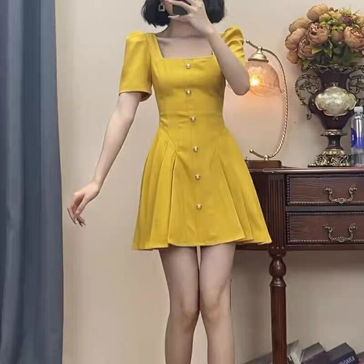 [Yingying new clothes] temperament versatile square collar high-grade bubble sleeve dress 7529# Cl