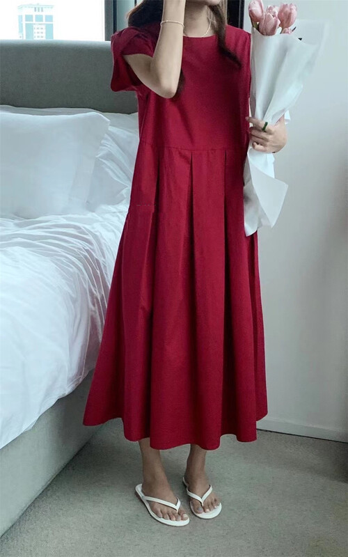[h-xl] crew neck pleated lady dress 3582# ll