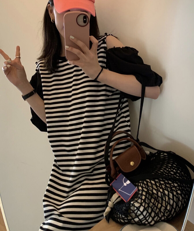 New in early summer! [JH] Korean striped bubble sleeve casual dress 417# PCZ