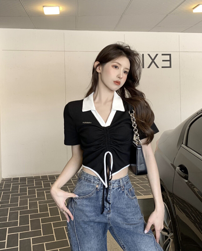 [fan fan] fashion Han fan'er Polo neck color blocking V-neck drawstring blouse 5796# JJ