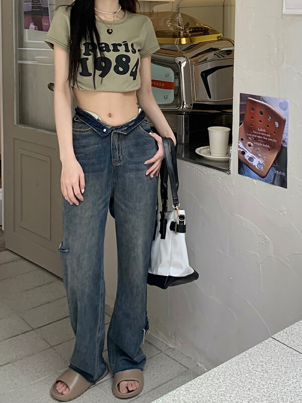 [timely rain] Korean version high waist versatile loose straight tube skinny jeans (only jeans) 03119# WPL