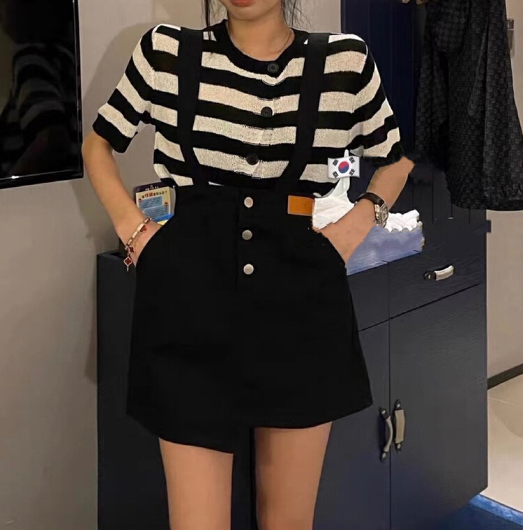 [JH] Korean striped sunscreen shirt + casual denim suspender two piece suit 41599# PCZ