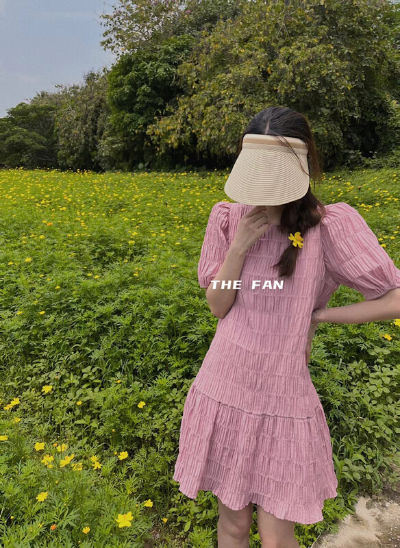 [the fan] round neck bubble sleeve Pleated Dress 501100# zxx